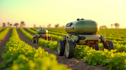 Autonomous agricultural robots navigating rows of green crops at sunrise in sunlit field, future farming technology