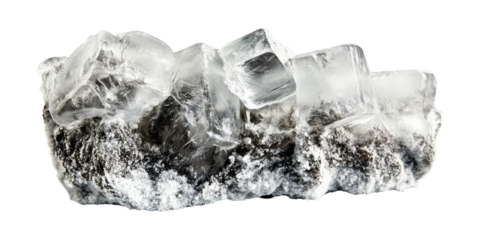 Natural Halite Crystal Formation With Ice Cubes. Mineral Specimen And Geological Study Isolated On Transparent Background