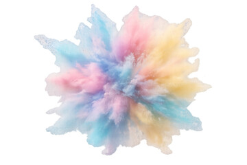 Naklejka premium Vibrant multicolored powder bursting dynamically, creating swirling colorful cloud pattern against transparent backdrop with explosive artistic energy