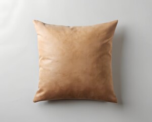 Tan Leather Square Pillow on White Background