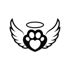 Black paw print with heart wings and halo on white background animal love