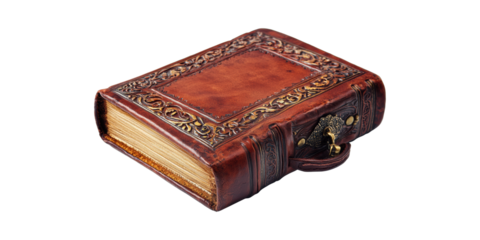 Antique Leather-Bound Book With Ornate Cover Design. Vintage Literature And Historical Aesthetics Isolated On Transparent Background