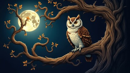 Beautiful owl at night on an old tree