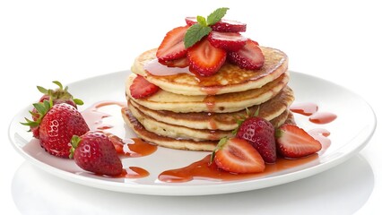 Delicious Czech sweet breakfast strawberry pancakes isolated on white background. AI GENERATED