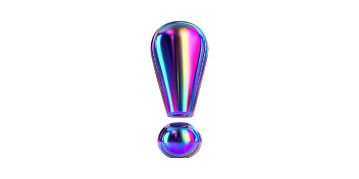 Colorful Metallic Exclamation Mark. Symbol Of Attention And Emphasis In Modern Design Isolated On Transparent Background