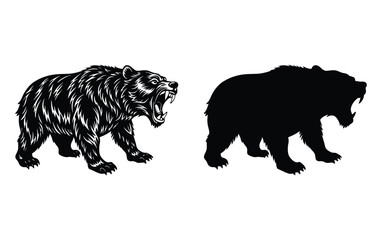 Grizzly bear silhouette and detailed illustration side by side
