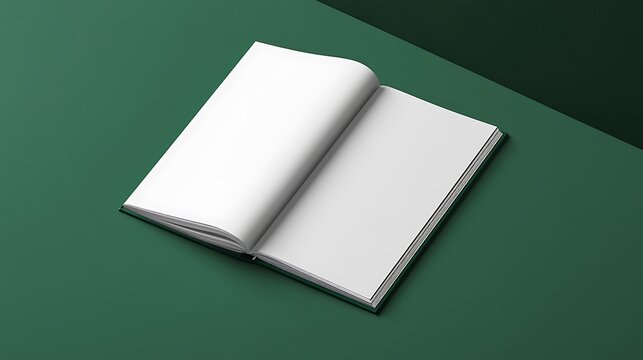 Open blank book on dark green background offers clean slate and space for content