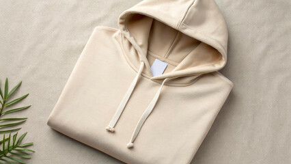 This flat lay showcases a plain beige hoodie neatly arranged on soft fabric. The simple design and neutral color highlight the hoodie’s versatility and comfort. The gentle textures add a warm touch