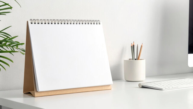 A sleek, modern desktop calendar rests steadily on a neat workspace with a computer, plant, and a pencil holder. This setup reflects a clean and organized environment ideal for planning