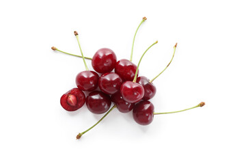 Many fresh ripe cherries isolated on white