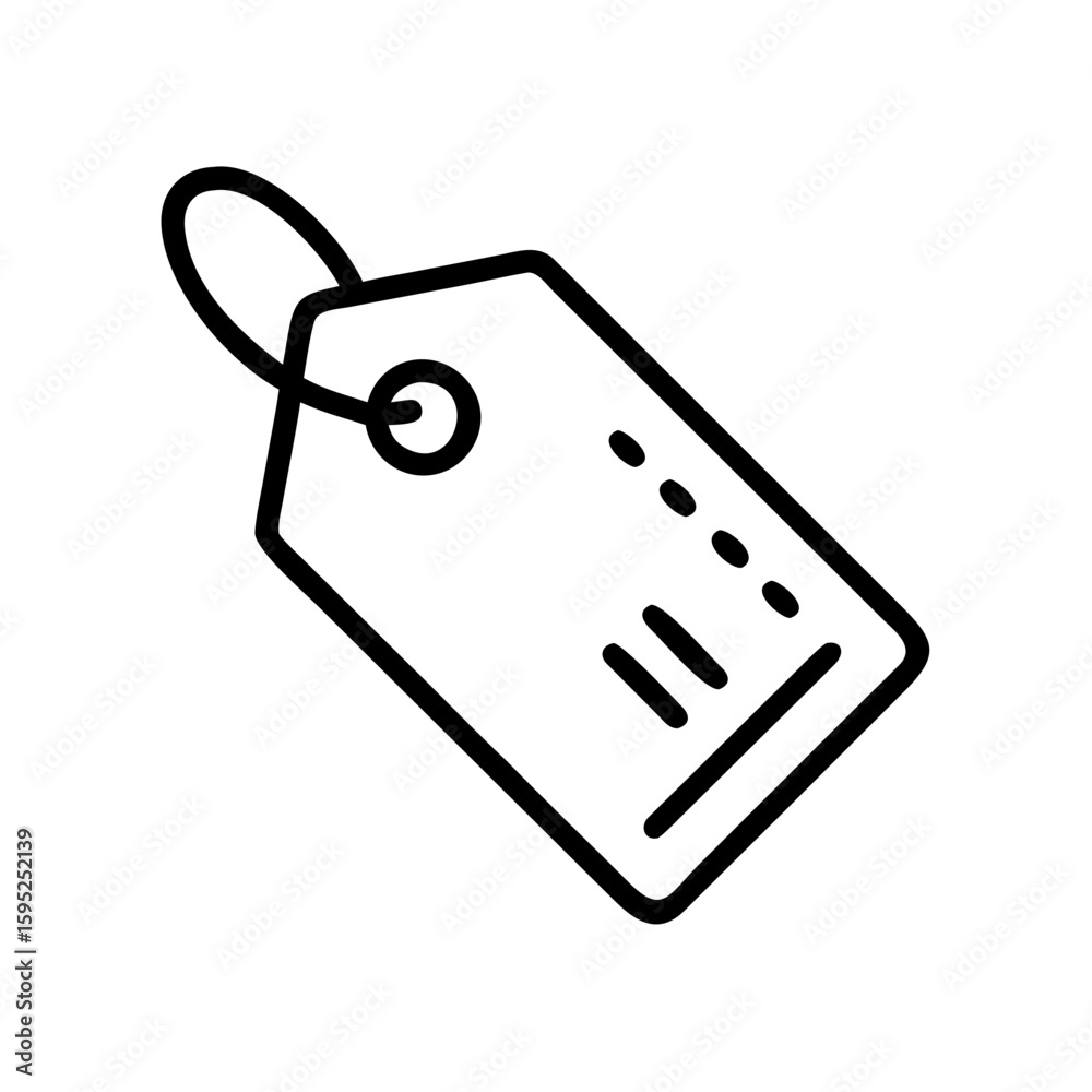 Poster illustration of a simple price tag with a string and some lines and dots on it in black and white