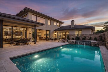 Luxurious modern home with expansive glass doors and illuminated swimming pool at twilight, upscale residential architecture and exterior design showcase

