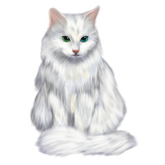 Fluffy Long-Haired White Cat with Green Eyes Sitting Calmly in Realistic Style
