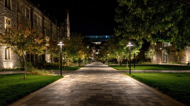 Nighttime paved walkway in a university courtyard