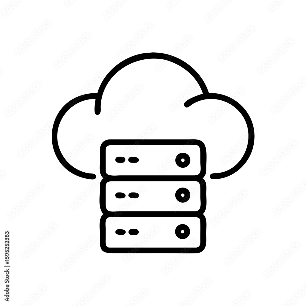 Poster a simple line drawing of a cloud above three stacked servers, representing cloud based data storage