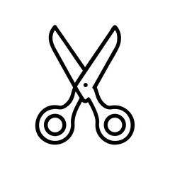 Illustration of a pair of open scissors with black outline and rounded handles on a white background