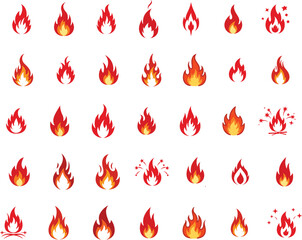 Fire Flame Icon Vector Set – Red and Orange Cartoon Burn Symbols for Game, App, and Infographic Design .