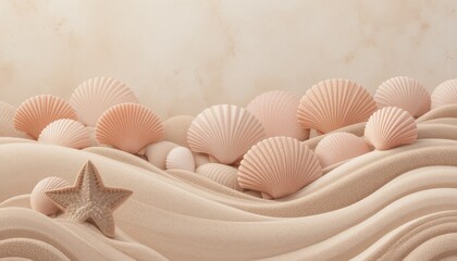 Serene Seashells on Sandy Shores: An arrangement of delicate seashells and a starfish rests gently on the smooth, textured sand, creating a calming and visually pleasing image.