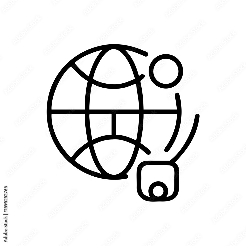 Poster outline drawing of a globe connected to a square with a circle and another circle above it in black