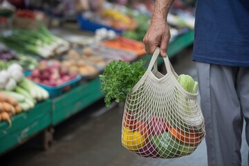 senior old man hold vegetable shopping bag in traditional market