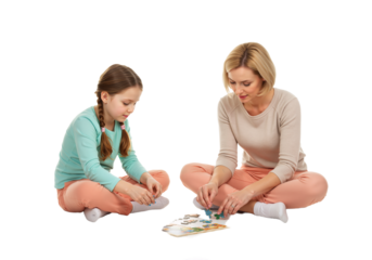 Mother and daughter doing puzzle on floor in pastel outfits, full-body thoughtful bonding scene on white background, PNG
