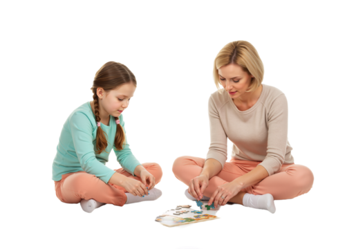 Mother and daughter doing puzzle on floor in pastel outfits, full-body thoughtful bonding scene on white background, PNG