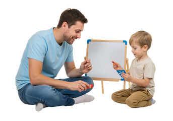 Father teaching son alphabet using cards, both in pastel outfits, full-body learning scene on white background