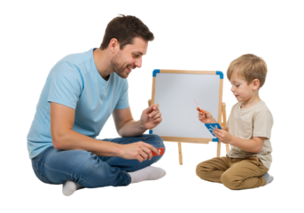 Father teaching son alphabet using cards, both in pastel outfits, full-body learning scene on white background