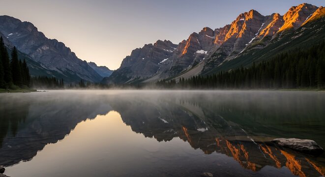 Mountain Lake at Sunrise with Misty Reflections and Golden Light Perfect for Travel Posters Nature Prints and Desktop Wallpapers generative ai