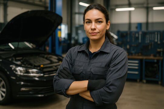 Professional female auto mechanic in modern garage workspace demonstrating skilled craftsmanship and gender equality in automotive industry - Powered by Adobe