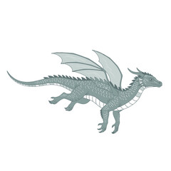 A stylized, light-grey dragon gracefully glides, showcasing intricate scales and wings.