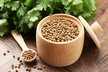 Fresh cilantro and coriander seeds on wooden table, closeup