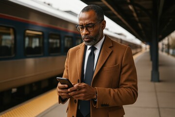 Stylish middle-aged businessman using smartphone while waiting at modern train station showcasing urban commuter lifestyle and mobile technology