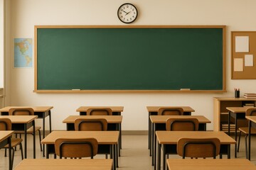 Traditional classroom with empty green chalkboard ready for educational lessons and academic learning environment