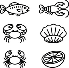 Simple Line Art Icons of Seafood and Fruit