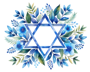 A watercolor floral arrangement with a blue star of david in the center isolated on transparent background