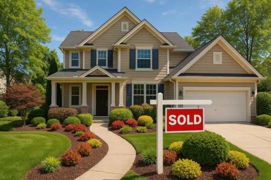 Stunning suburban home with sold sign in manicured front yard showcasing successful real estate transaction and property investment