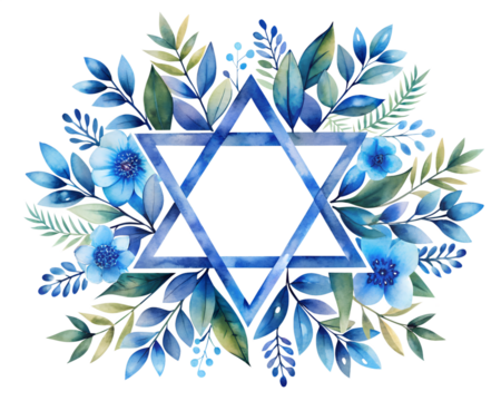 A watercolor floral arrangement with a blue star of david in the center isolated on transparent background