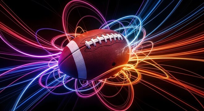 Ai generated image of an american football is surrounded by glowing neon light trails, creating a dynamic and energetic visual effect