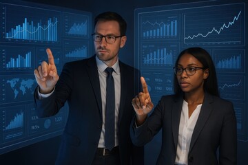 Advanced data analytics team analyzing financial trends using virtual reality technology for strategic business intelligence and market research