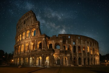 Naklejka premium Ancient Roman Colosseum illuminated under starry night sky creating dramatic historical landmark and cultural heritage atmosphere