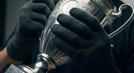 Ai generated image of hands in black gloves carefully hold a gleaming silver trophy, symbolizing achievement, success, and victory