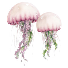 Two realistic pink jellyfish swimming gracefully isolated on a white background with detailed tentacles