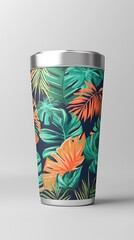 Obraz premium Silver metal canister showcases a vibrant tropical leaf pattern against a light grey background