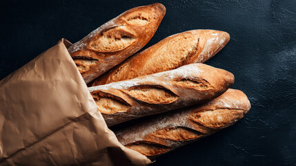 A tactile scene of artisan French baguettes bread spilling from a paper bag onto a dark, textured surface.