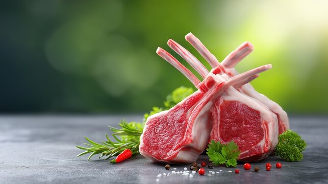 Raw rack of lamb chops with fresh herbs and spices on a stone table for gourmet cooking