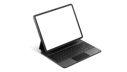 Template iPad with keyboard on transparent background. Side view with empty blank screens for web design and UX/UI.