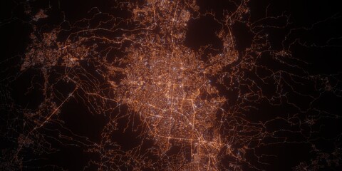 San Salvador (Salvador) night view with street lights. Aerial shot from space. top view heading east, . 3d render, Illustration