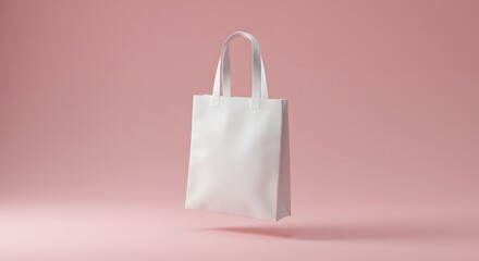 A blank white tote bag hovers against a pale pink background, showcasing its simple design and potential for branding.