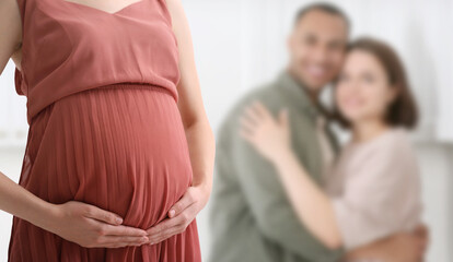 Surrogate mother and intended parents indoors, selective focus